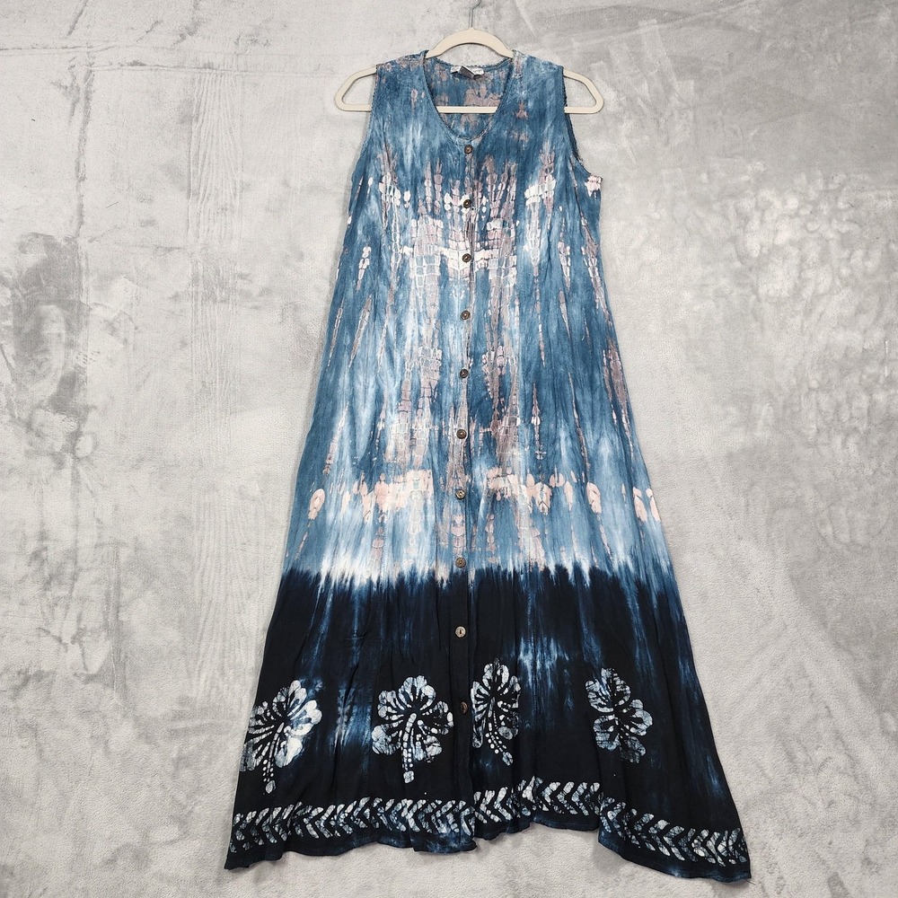 Vintage Cute Options Dress Womens L Blue Tie Dye Sleeveless Button Up Maxi Boho